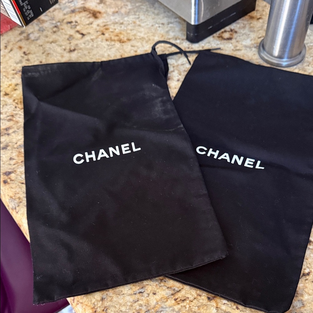 CHANEL Black Drawstring Dust Bags with White Logo (Pair)